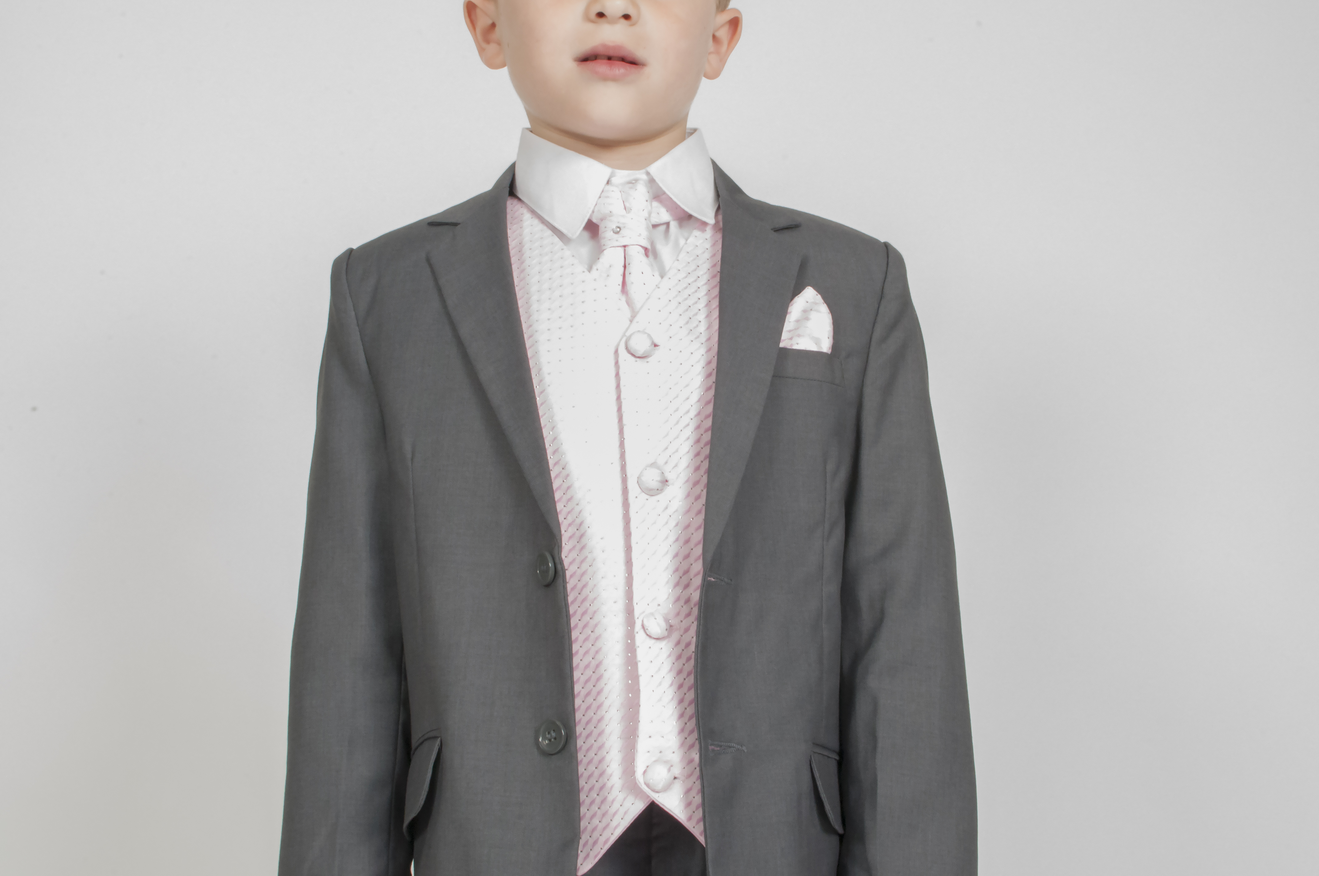 Boys 5 piece grey suit with pink waistcoat and cravat | Wonderland