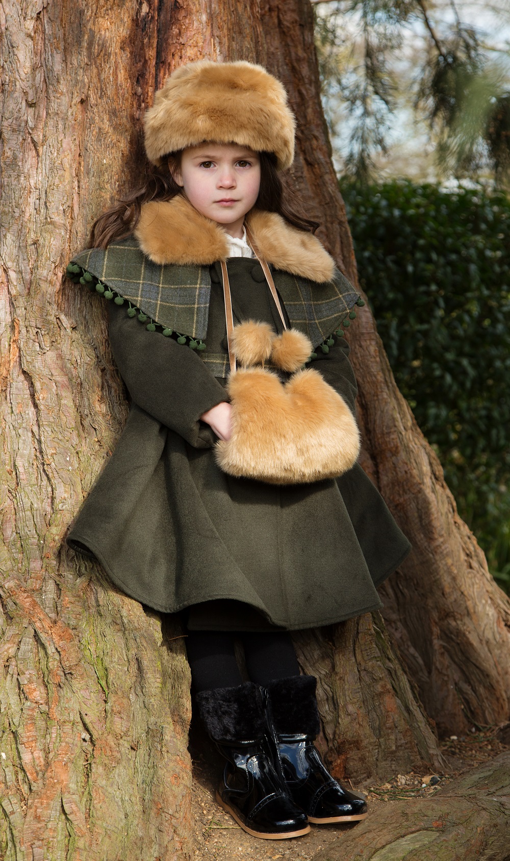 Girls Coat with matching hat and muff by Couche Tot (Olive Green/Camel Brown) |