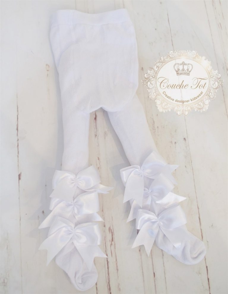 Baby Girls Bow Tights by Couche Tot Ivory, White, Navy or Pink