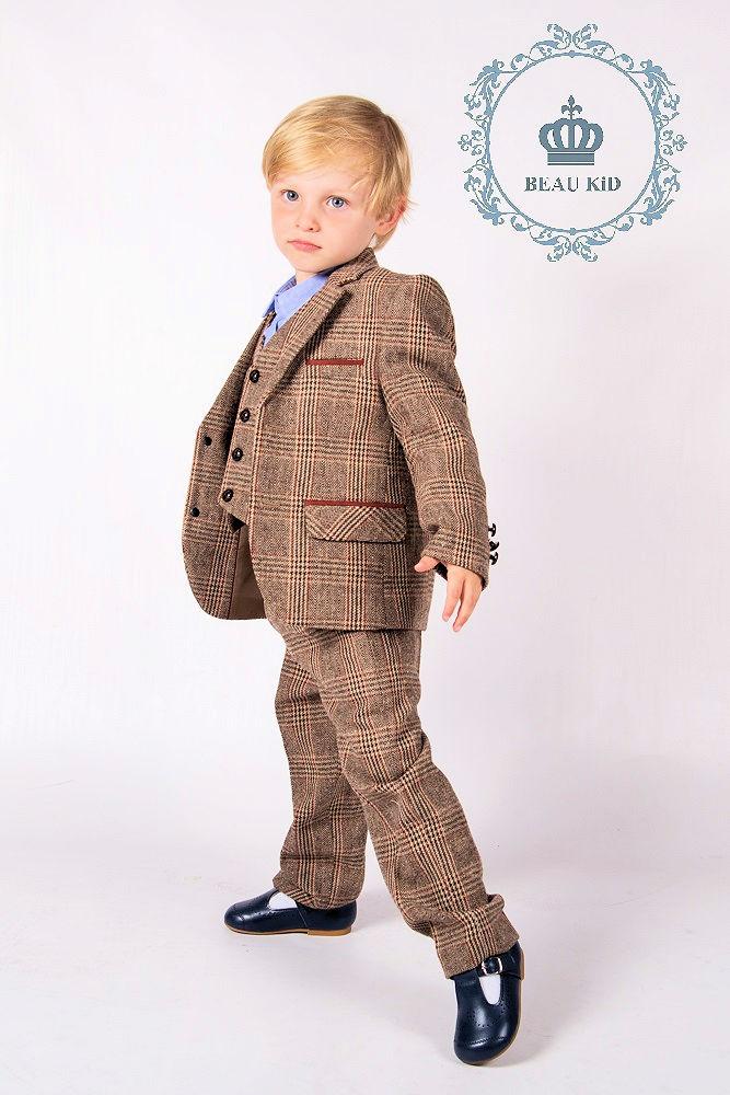 Boys Brown Check 3 Piece Suit by Beau KiD Wonderland