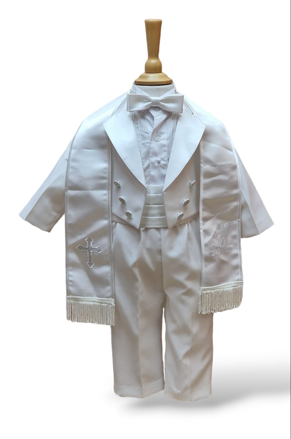 Baby Boys and Young Boys White Christening Tuxedo Suit with Scarf